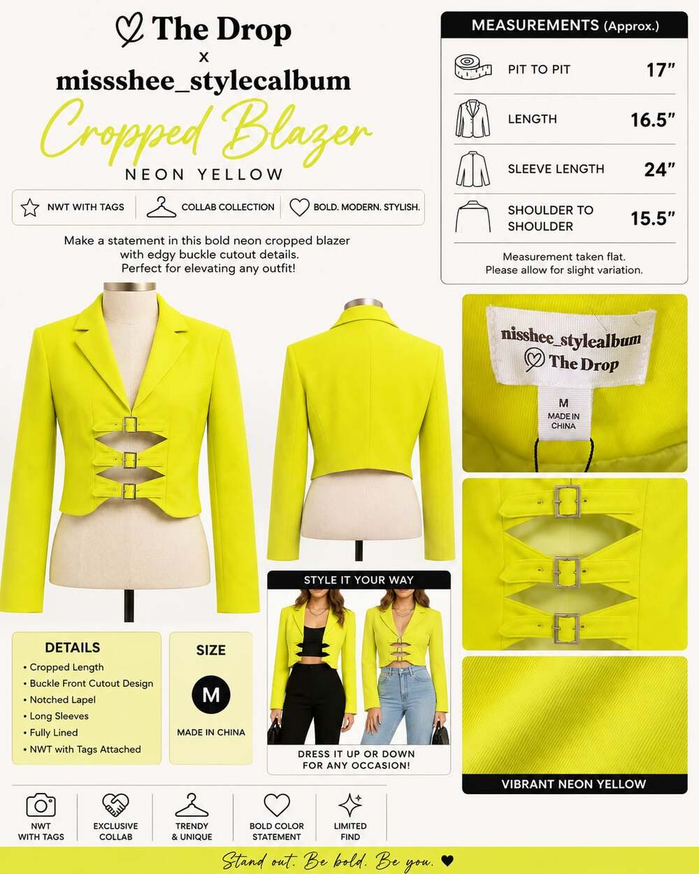 NWT Drop Nisshee Stylealbum Womens M Neon Yellow Cropped Buckle cutout Blazer